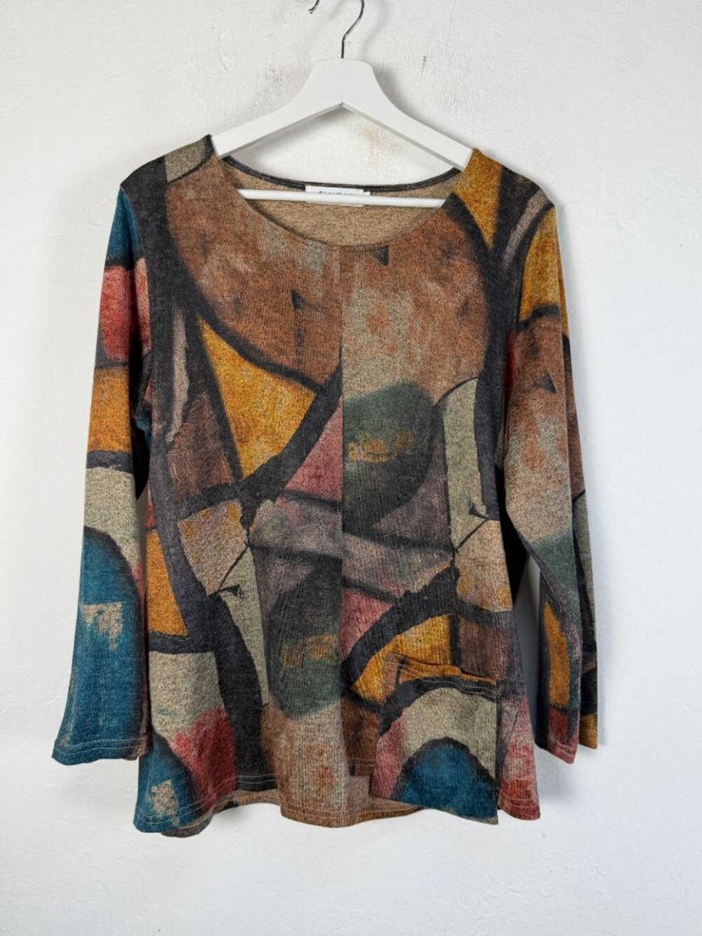 Creation Art Womens Attack Abstract Painted Print Long Sleeve Top Medium Brown